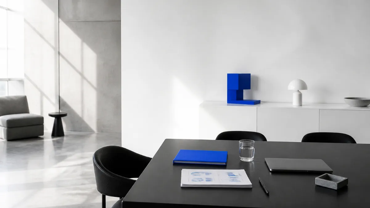 Business owner reviewing an AI workflow diagram on a laptop with a consultant across the table in a modern office